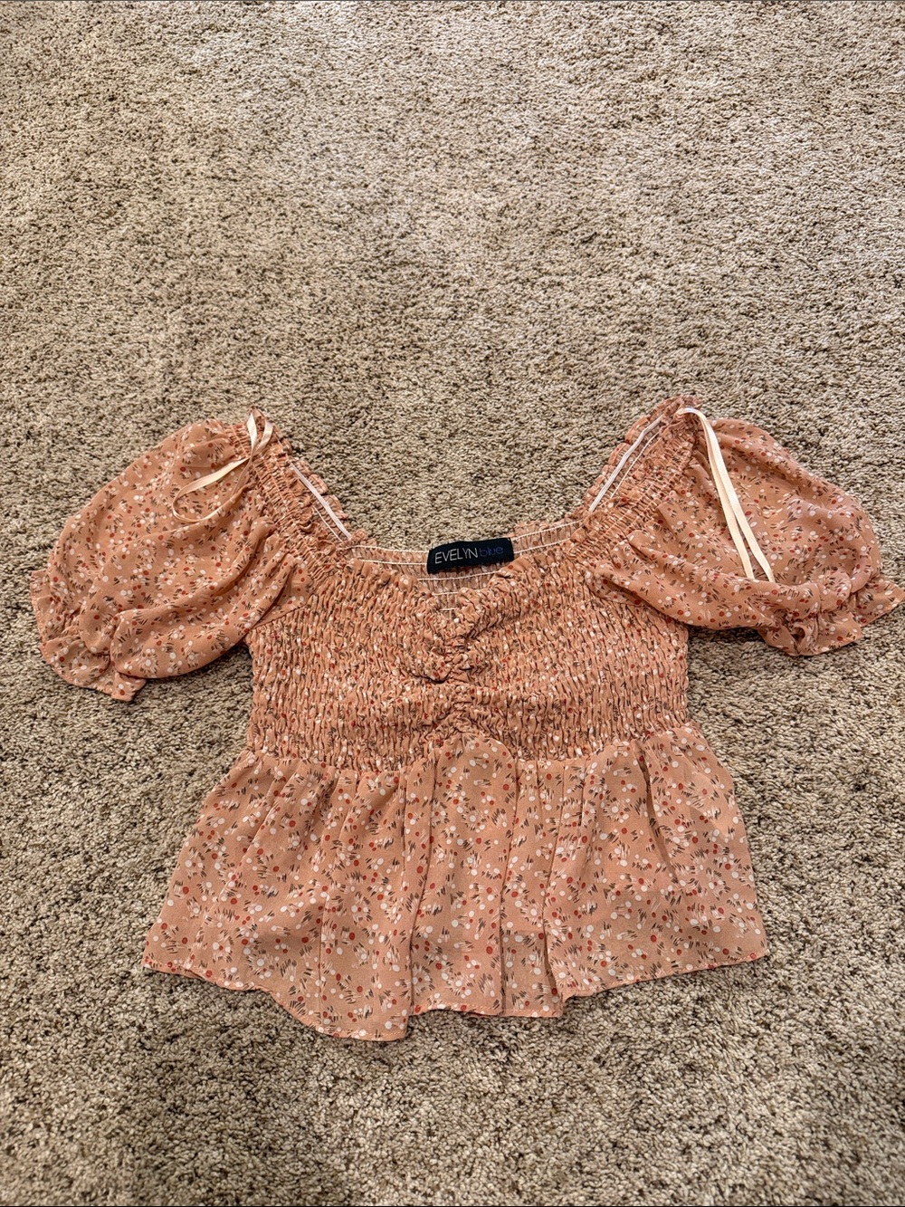 Peach Floral Smocked Puff Sleeve Blouse
